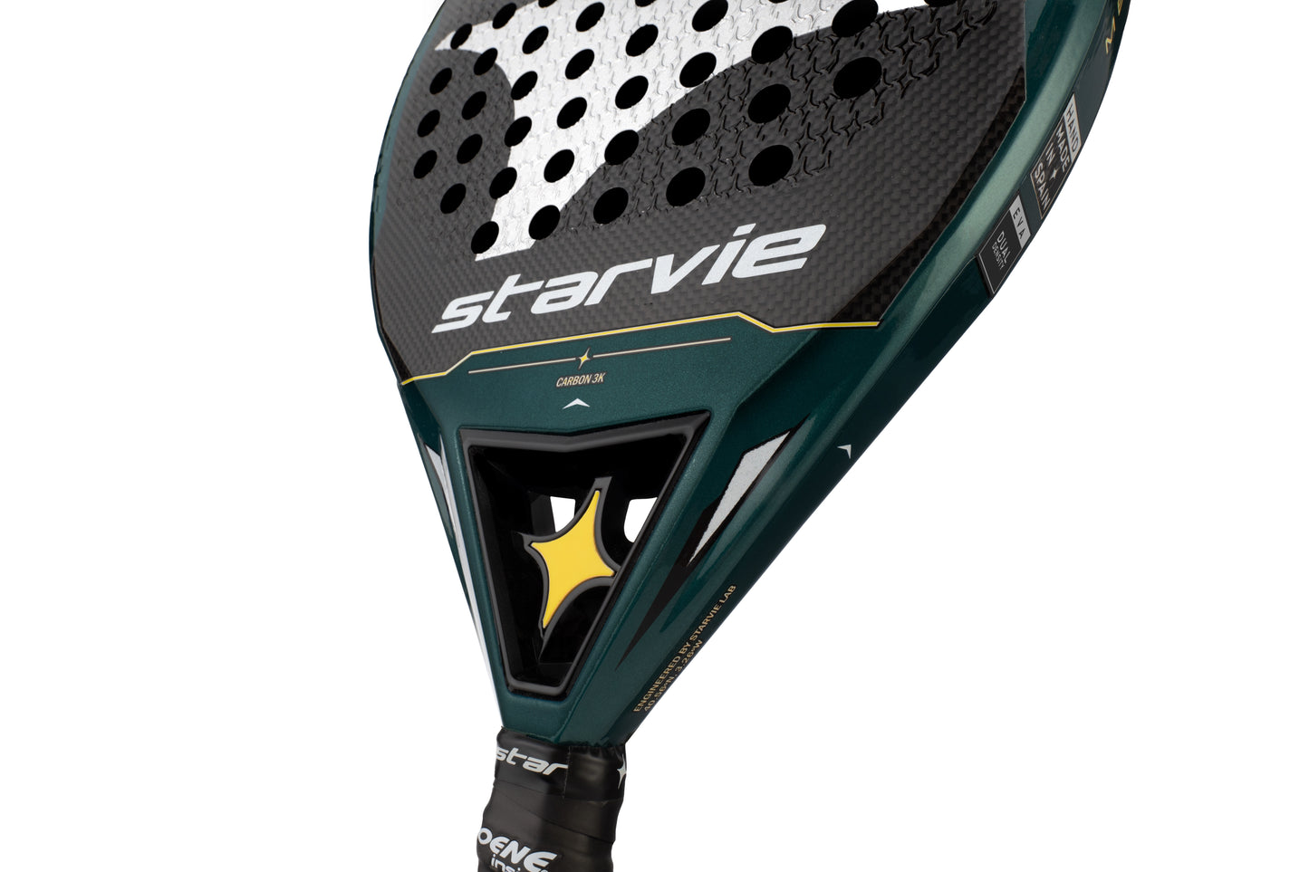 Close-up of Metheora Dual padel racket bridge, featuring the Star Balance system for perfect weight distribution.
