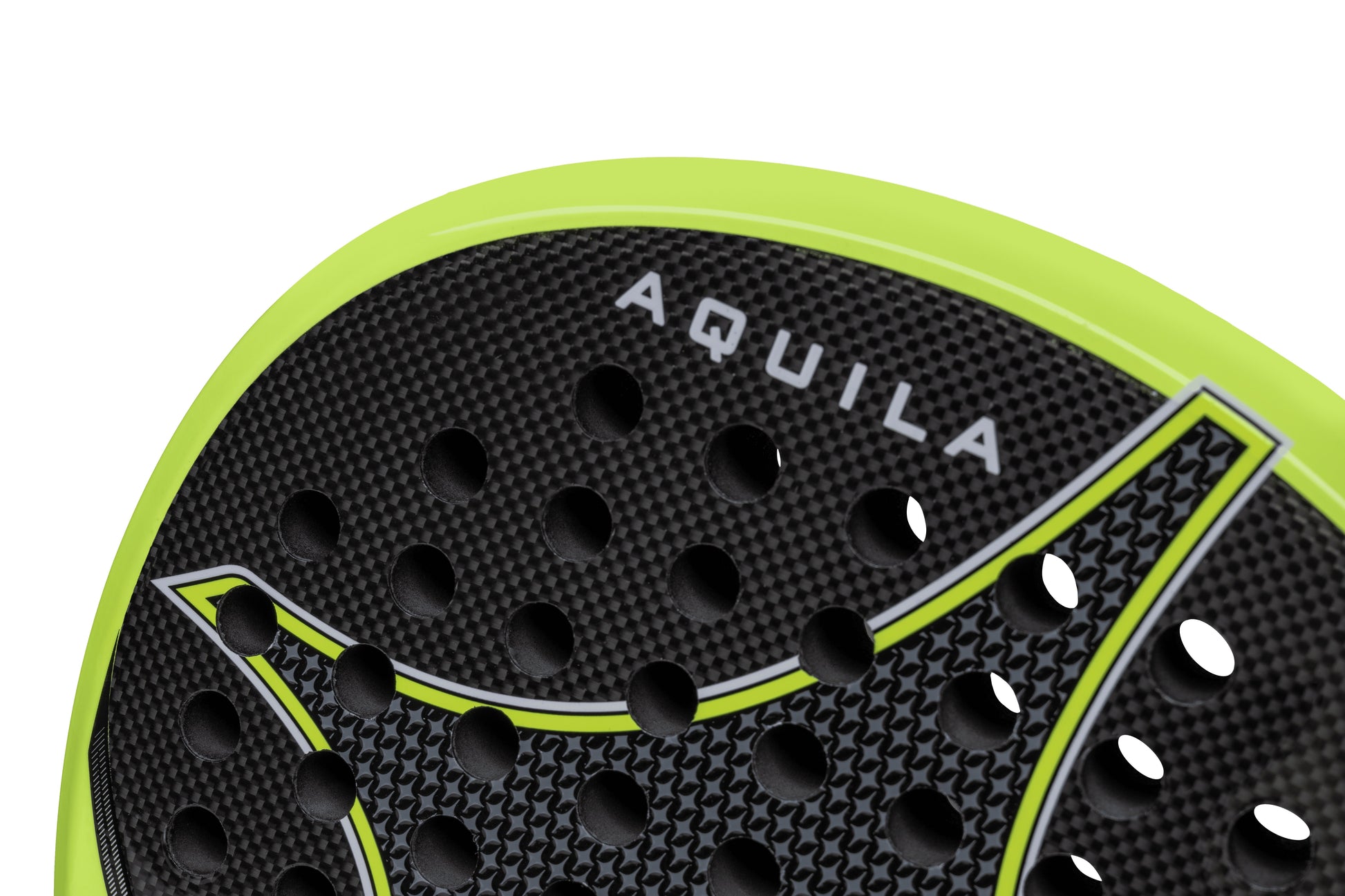 Close-up of the StarVie Aquila Pro padel racket with carbon fiber surface and AQUILA branding.