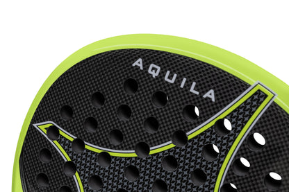 Close-up of the StarVie Aquila Pro padel racket with carbon fiber surface and AQUILA branding.