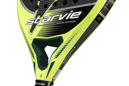 Frame detail of the StarVie Aquila Pro padel racket, highlighting Pro 50 rubber and Spanish craftsmanship.
