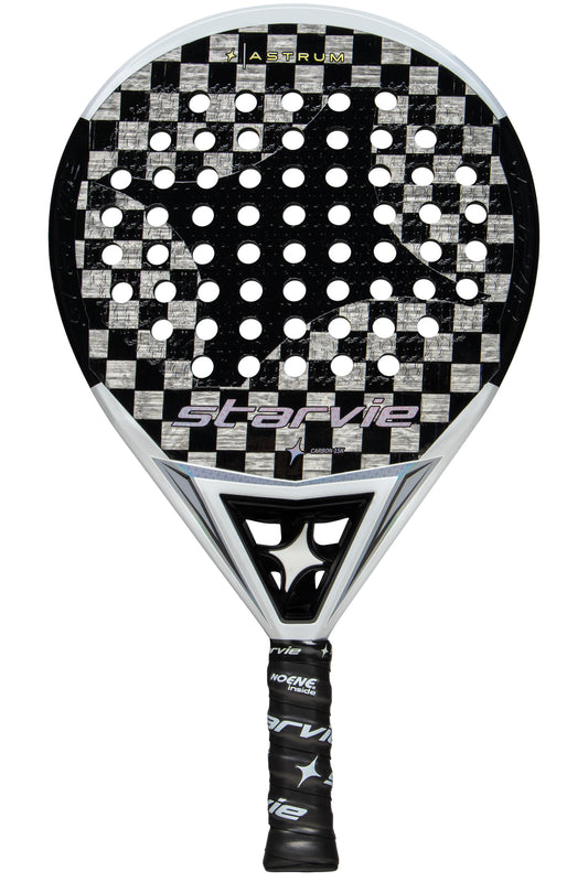 StarVie Astrum 2025 padel racket front view with 15K aluminized carbon and Soft 30 rubber for maximum comfort and control.