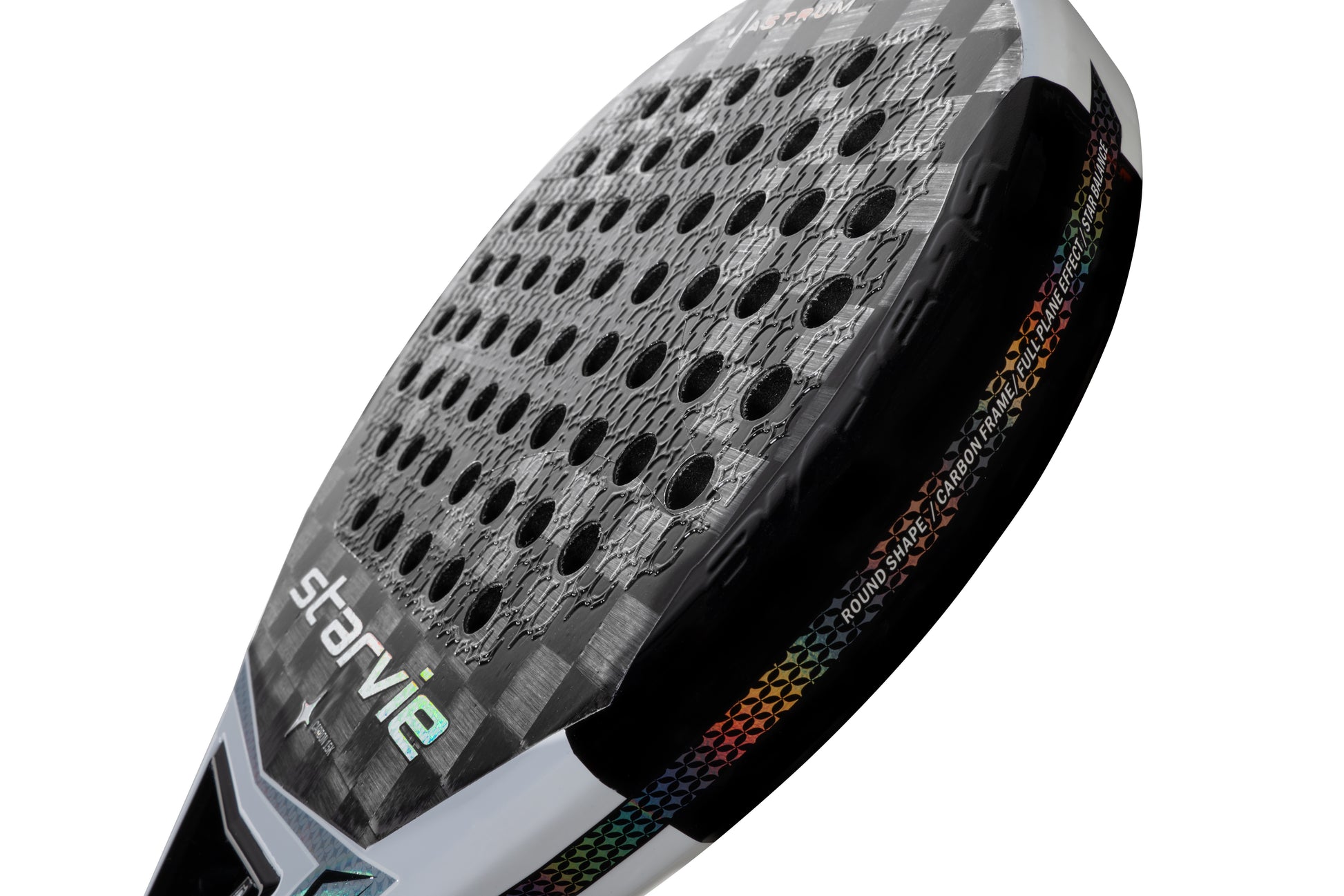 StarVie Astrum 2025 padel racket side view highlighting its round shape and optimized weight distribution.