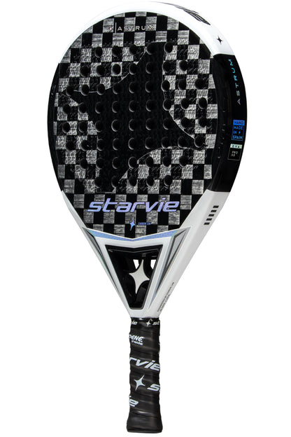 StarVie Astrum Pro 50 2025 padel racket side view, featuring Pro 50 rubber and 15K aluminized carbon construction for advanced performance.