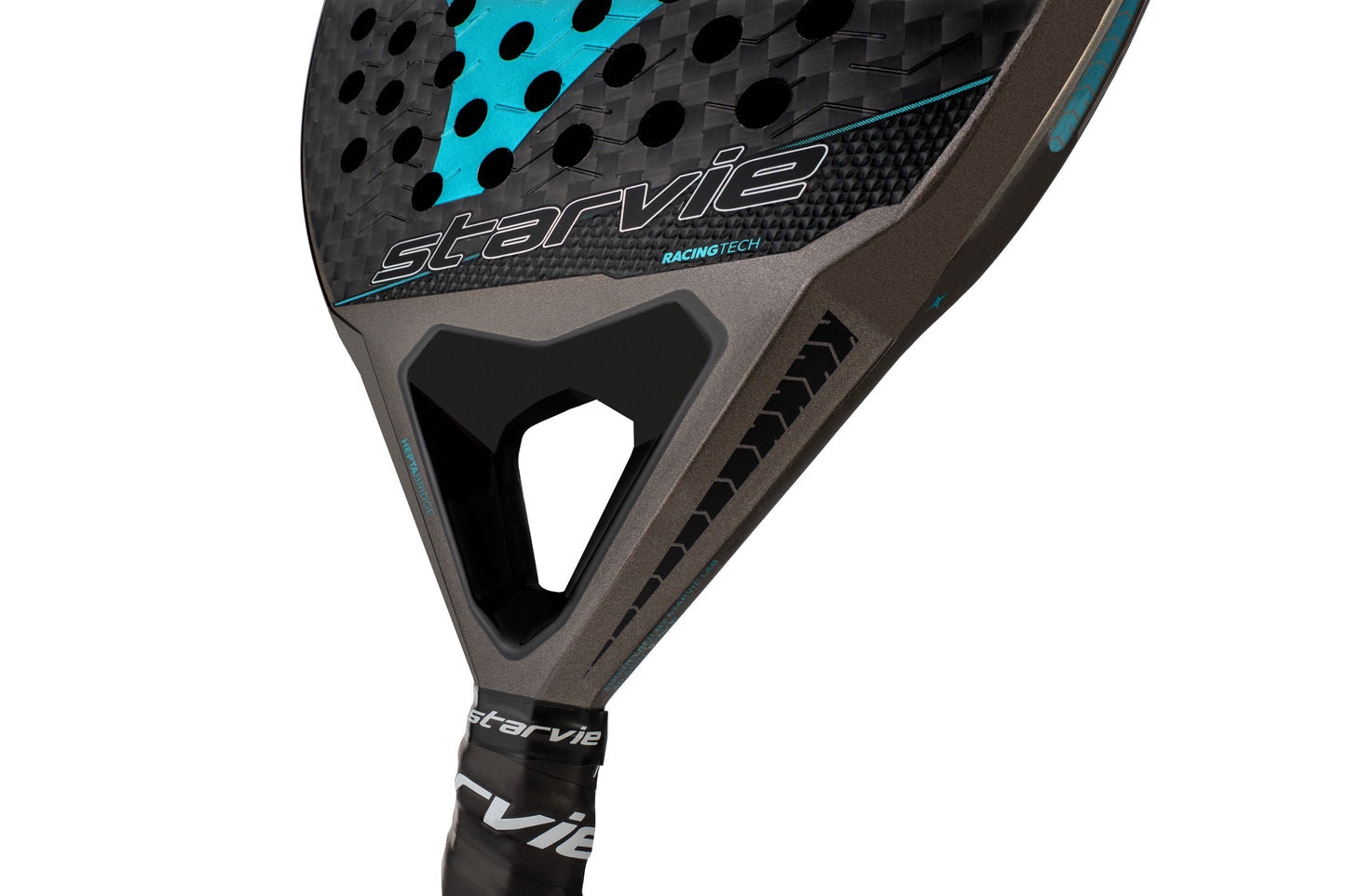 Close-up of the StarVie Drax Pro Touch racket frame, highlighting Hepta Bridge system for stability and reduced vibrations.
