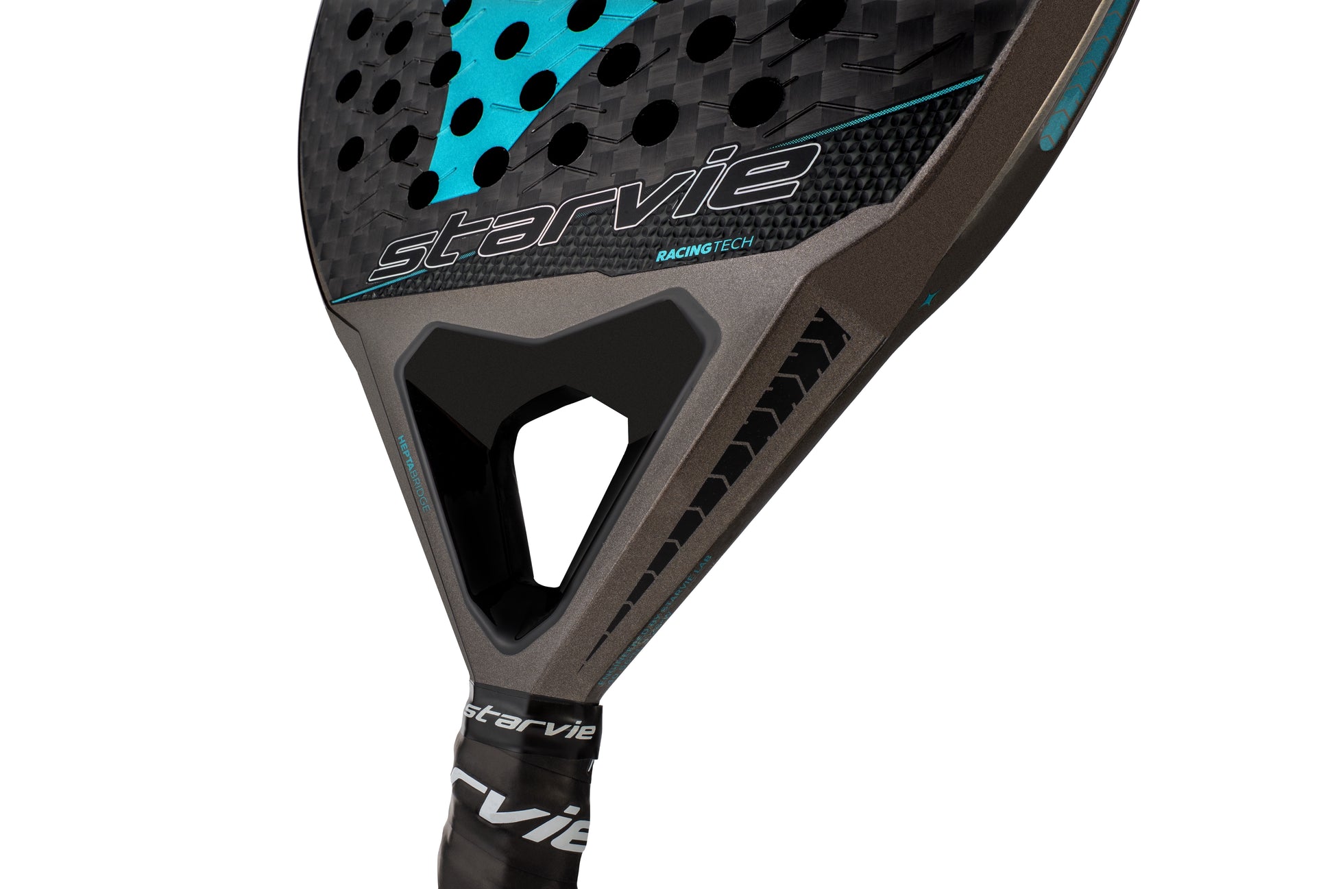 Close-up of the StarVie Drax Pro Touch racket frame, highlighting Hepta Bridge system for stability and reduced vibrations.