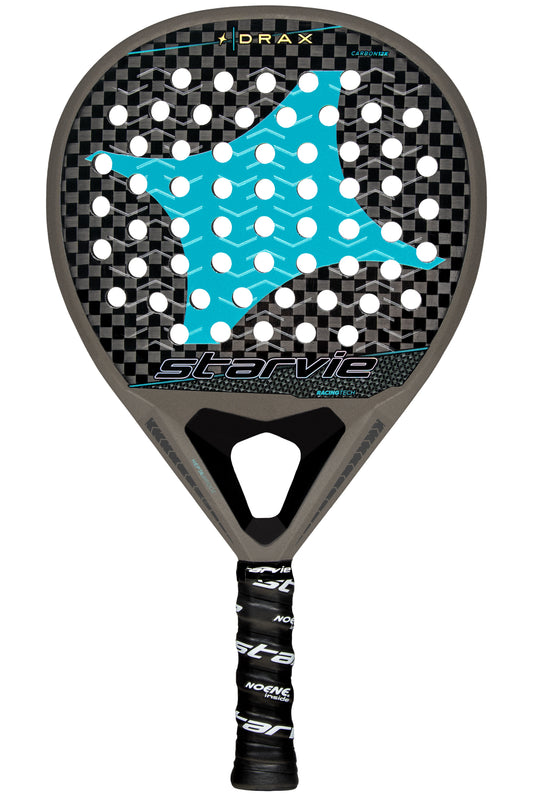 StarVie Drax Pro Touch padel racket front view, featuring a matte grey frame, black accents, and turquoise StarVie logo.