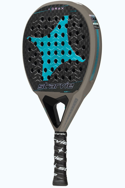 StarVie Drax Pro Touch padel racket side perspective showcasing its aerodynamic teardrop shape and 12K carbon construction. Hand made in Spain and Eva rubber Pro Touch logo.