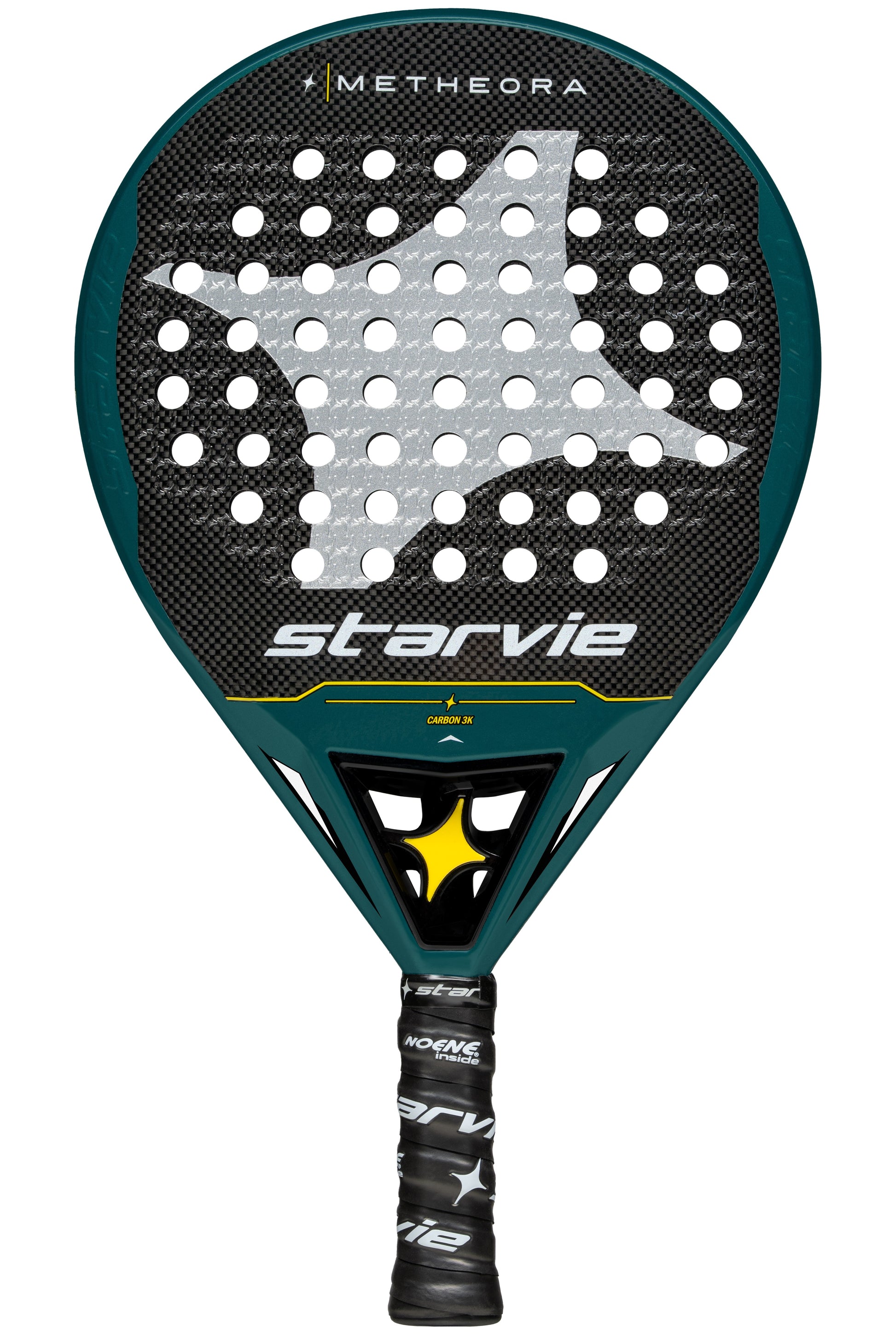 StarVie Metheora Dual padel racket front view, round shape with rough surface for optimal spin.