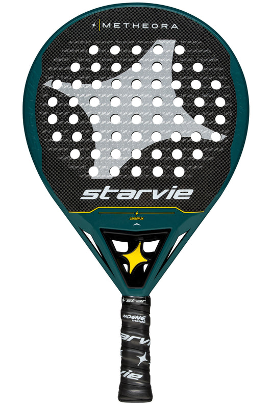 StarVie Metheora Dual padel racket front view, round shape with rough surface for optimal spin.