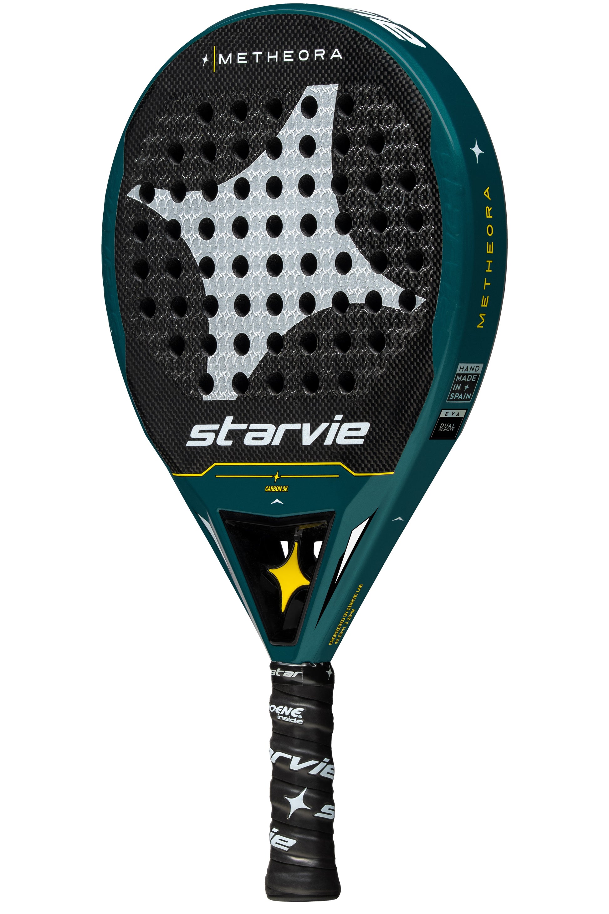Side view of StarVie Metheora Dual padel racket, showcasing its 3K carbon frame and Dual Density rubber.