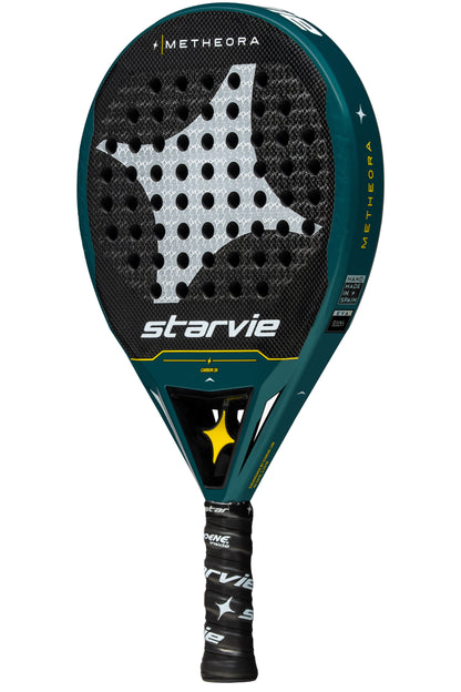 Side view of StarVie Metheora Dual padel racket, showcasing its 3K carbon frame and Dual Density rubber.